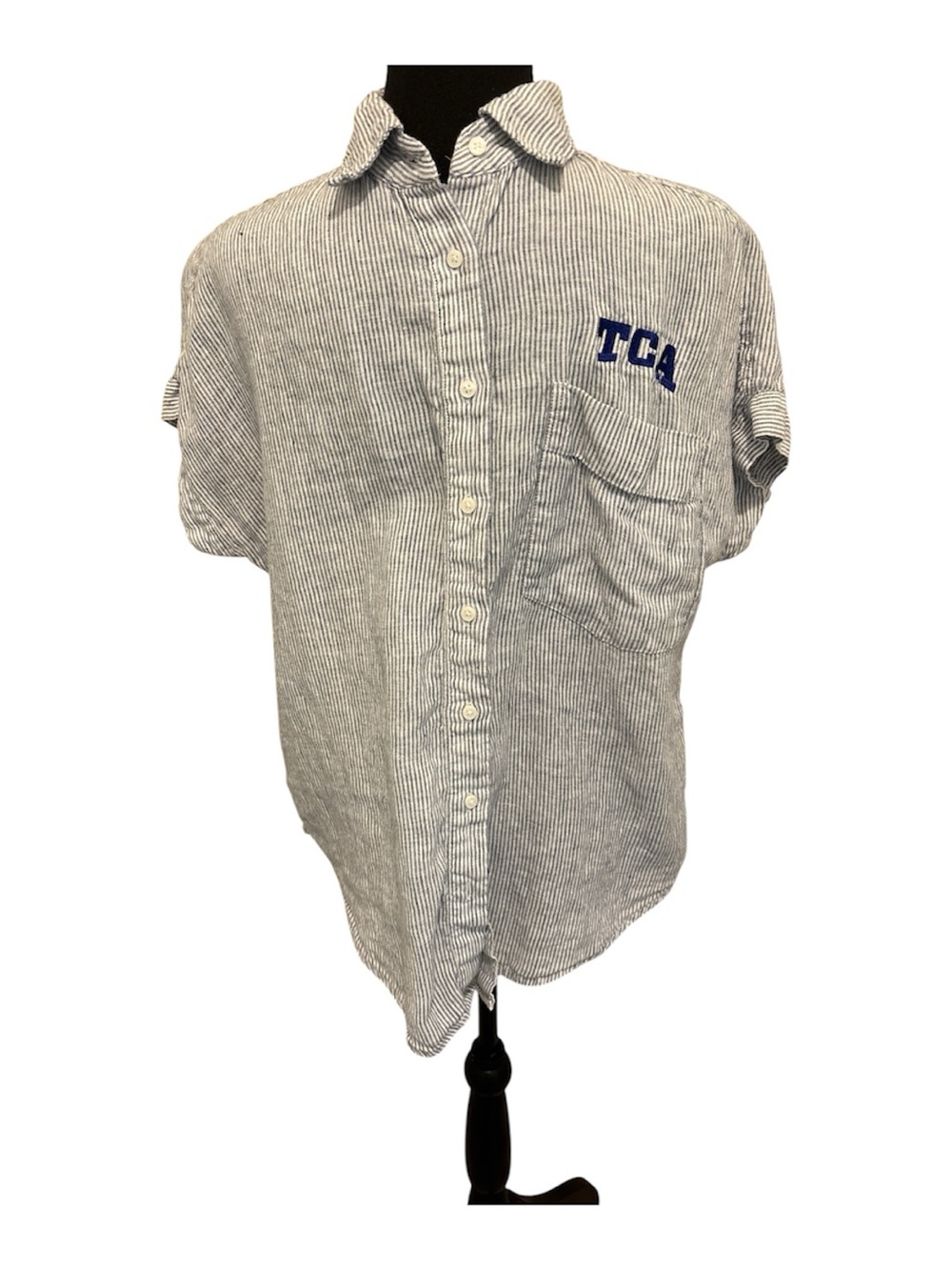 Quince Blue & White Striped Short-Sleeve Button-Down with Chest Pocket